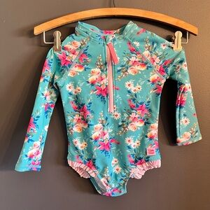 Ruffle Butts Teal and Pink Floral Kids Rashguard